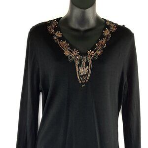 ❤️ Elegant Vintage Black Elegant Long Sleeve Beaded D V Neck Formal Sweater